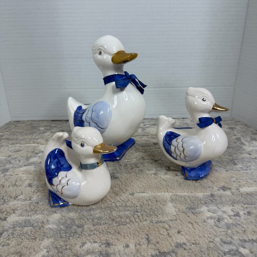 Vintage Set of 3 Porcelain Ducks Geese Hand painted Blue White Gold